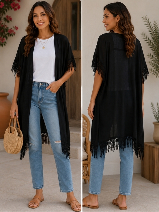 Sweaters - Black Fringe Kimono Cardigan - Women Sweater. OS